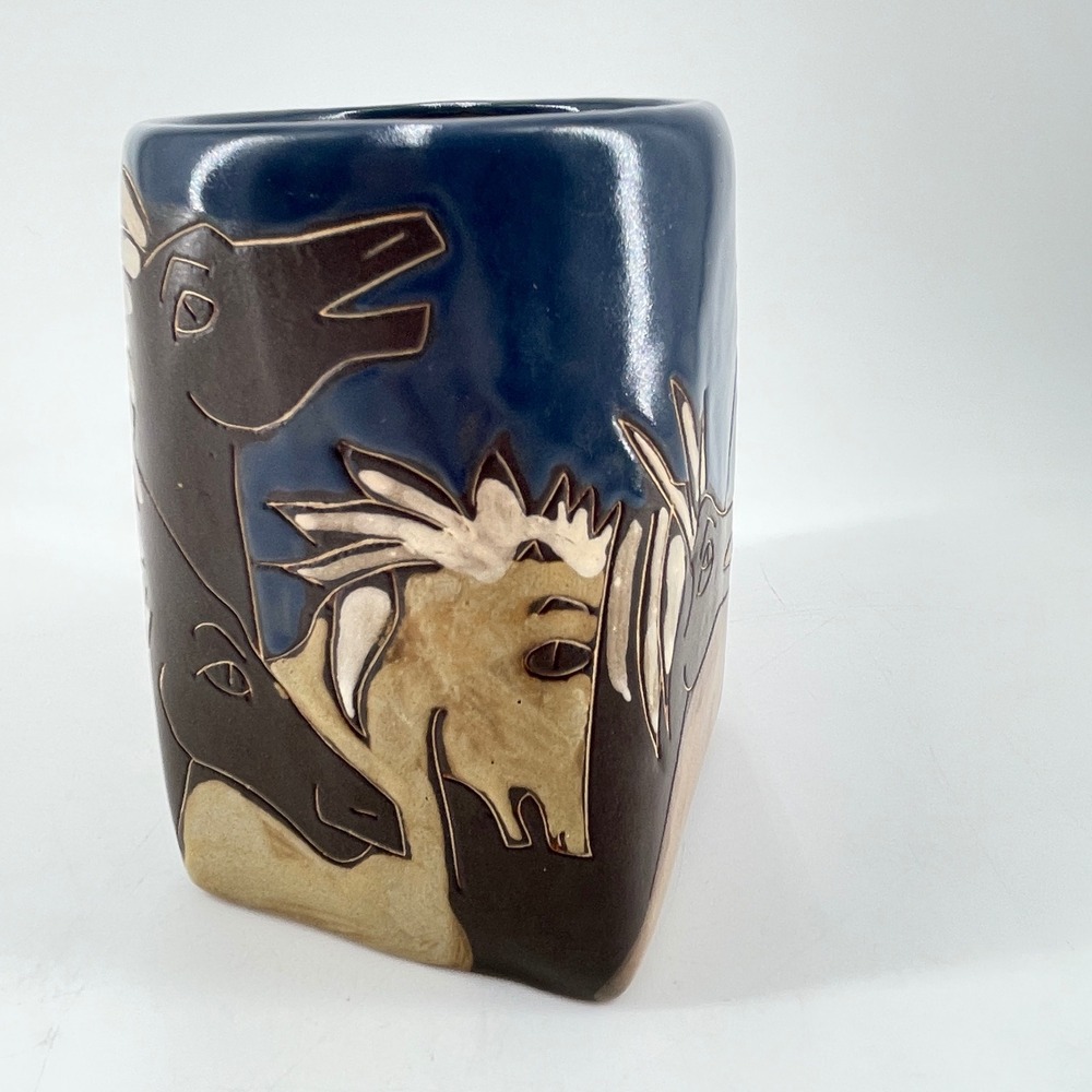 Mara Mexico Studio Pottery Horse Mug Hand Carved Stoneware Blue Brown Southwest